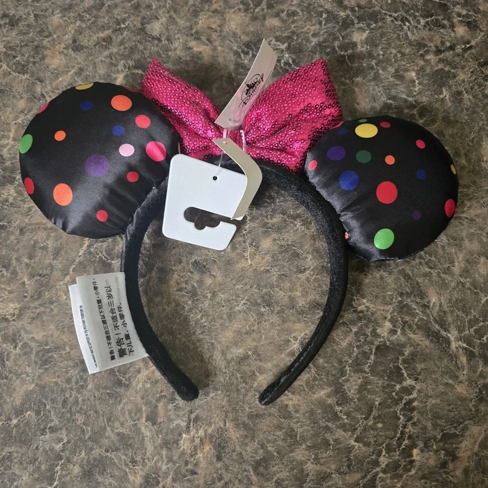 Disney Black Mouse‎ Ears Headband Bright Polka Dots Lg Sequin Dots Pink Bow